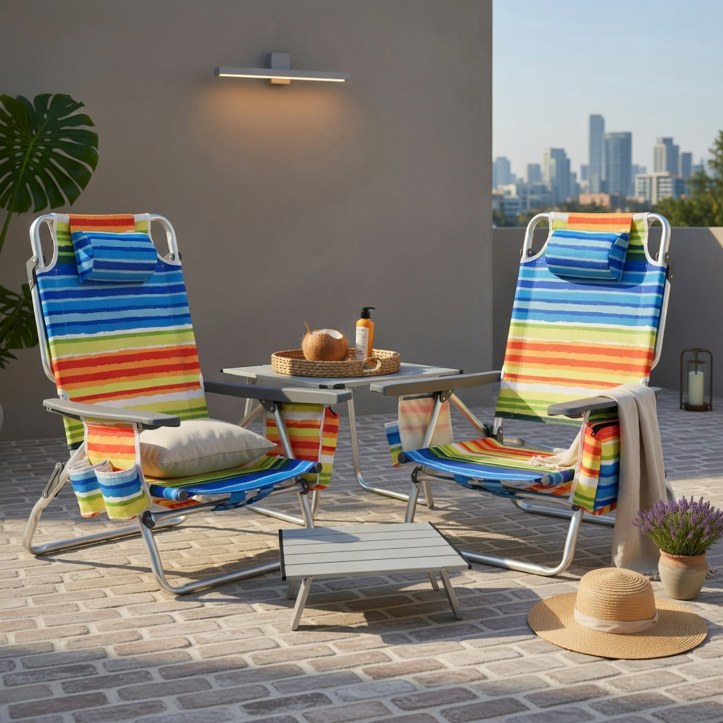Hommoo 2-Pack Portable 5-Position Aluminum Beach Chair Set with Folding Side Table, Yellow