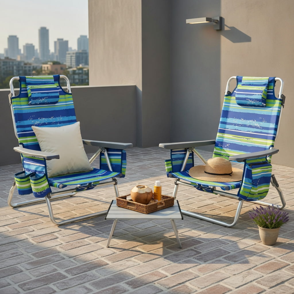 Hommoo 2-Pack Portable 5-Position Reclining Beach Chairs with Folding Side Table, Lightweight Aluminum Camping & Outdoor Chair Set, Blue
