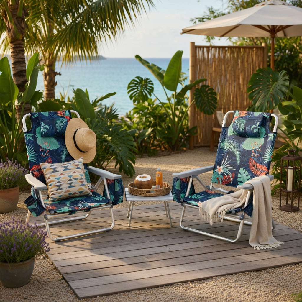 Hommoo 2-Pack Portable 5-Position Reclining Beach Chairs with Folding Side Table, Lightweight Aluminum Camping & Outdoor Chair Set, Green