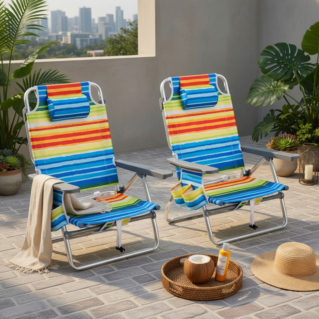 Hommoo 2-Pack Portable Beach Chairs with 5-Position Recline, Padded Headrest, Insulated Cooler Bag & Aluminum Frame, Yellow
