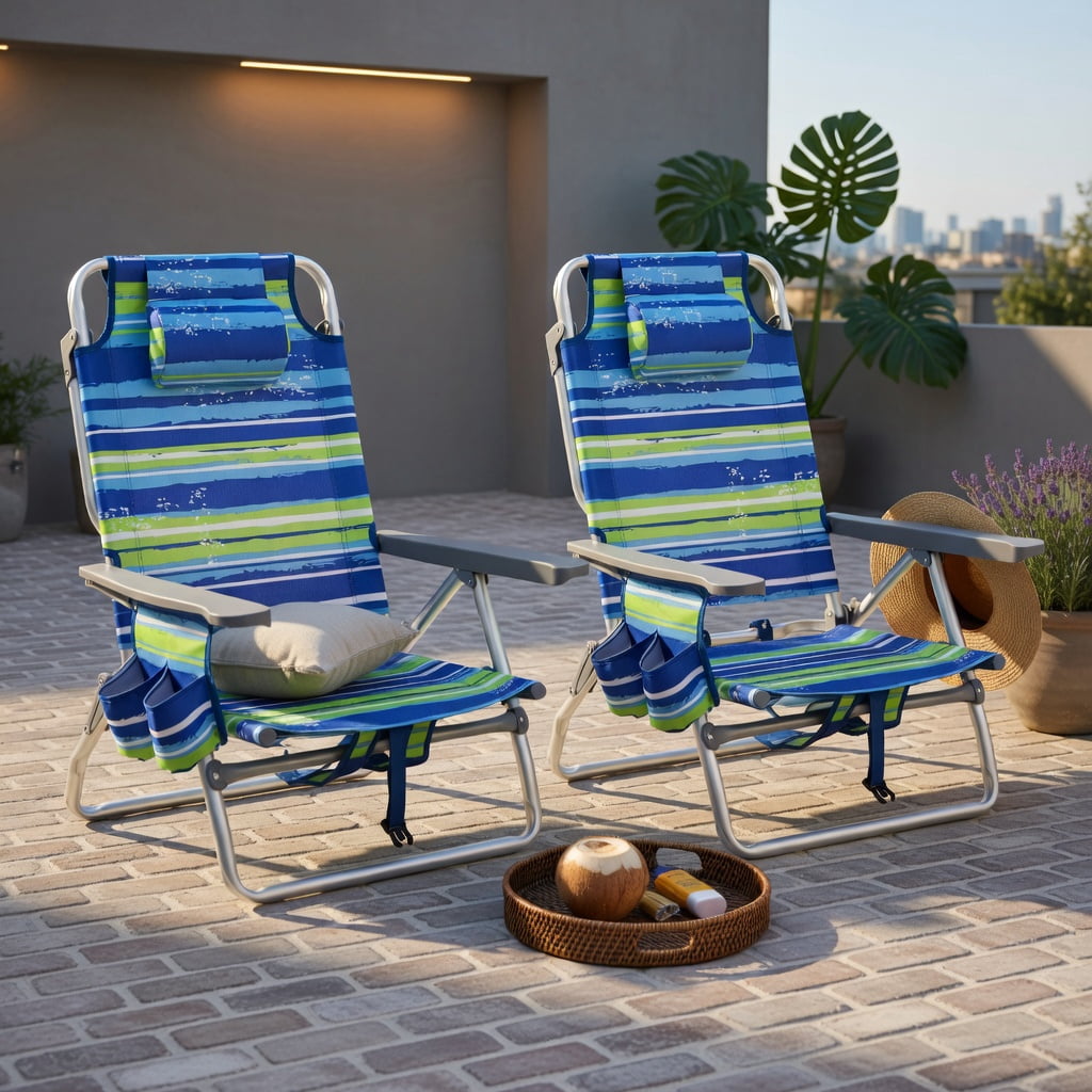 Hommoo 2-Pack Portable Beach Chairs with 5-Position Recline, Padded Headrest, Insulated Cooler Bag & Towel Hanger, Blue & Green