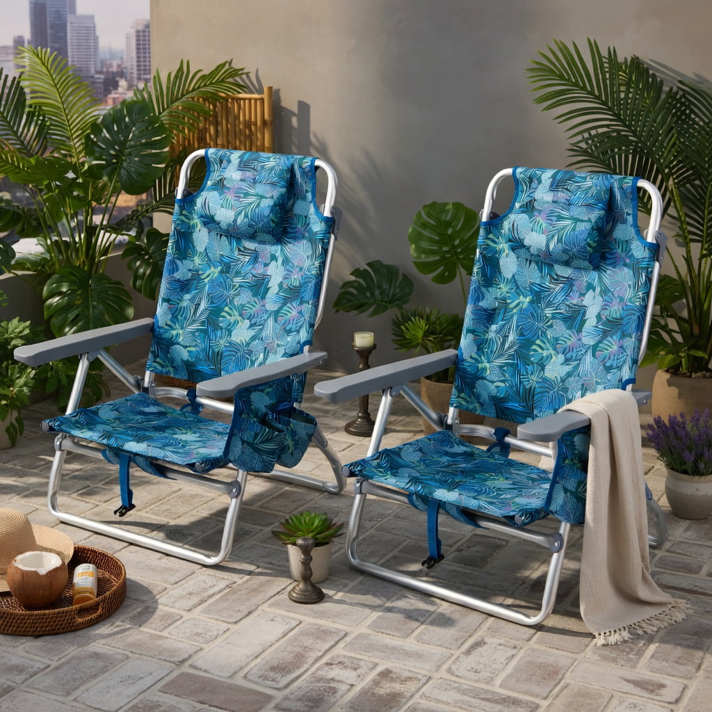 Hommoo 2-Pack Portable Beach Chairs with 5-Position Reclining Backrest, Padded Headrest & Insulated Cooler Bag, Peacock Blue