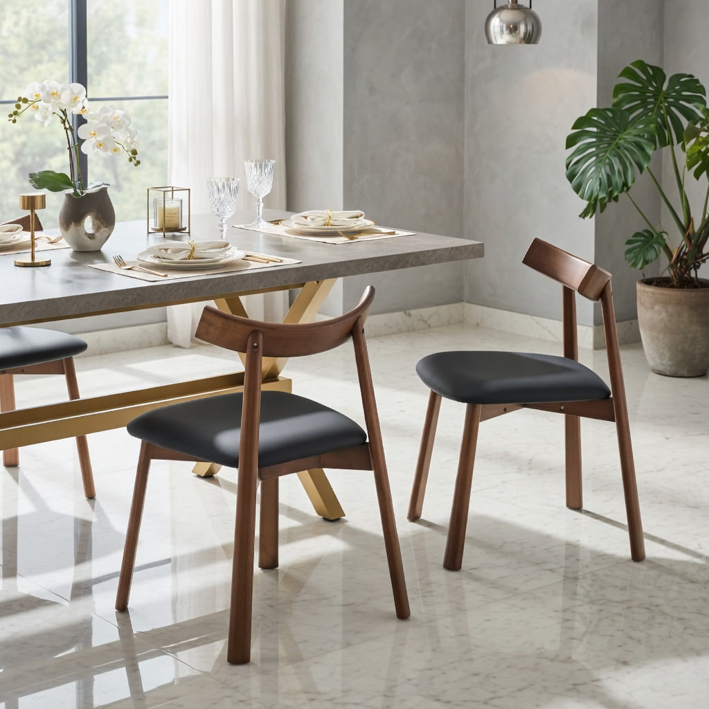 Hommoo 2-Pack Solid Wood Dining Chairs with PU Cushions & Ergonomic Curved Backrest, Modern Farmhouse & Scandinavian Style Home Dining Set, Black & Walnut