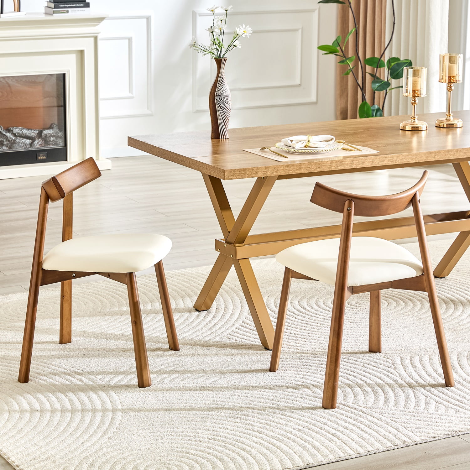 Hommoo 2-Pack Solid Wood Dining Chairs with PU Cushions, Ergonomic Curved Backrest, X-Frame Stability, Modern Farmhouse & Scandinavian Style, Beige & Walnut