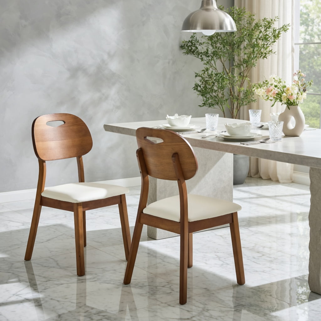 Hommoo 2-Pack Solid Wood Dining Chairs with PU Cushions, Ergonomic Hollow-Back Design for Dining Room, Home Office & Cafe, Beige & Walnut