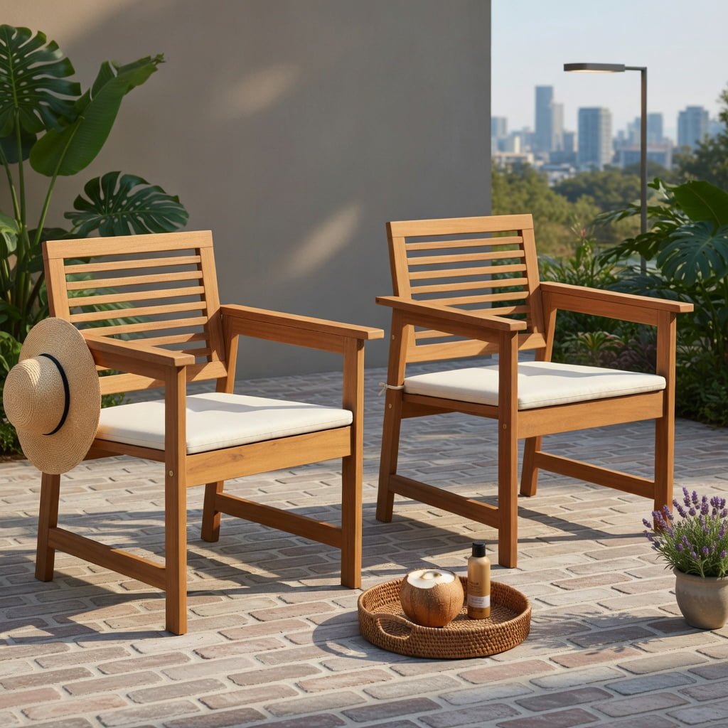 Hommoo 2-Pack Solid Wood Patio Dining Chairs with Off-White Cushions, Breathable Slatted Seat, Ergonomic Design for Backyard, Balcony & Poolside, Natural