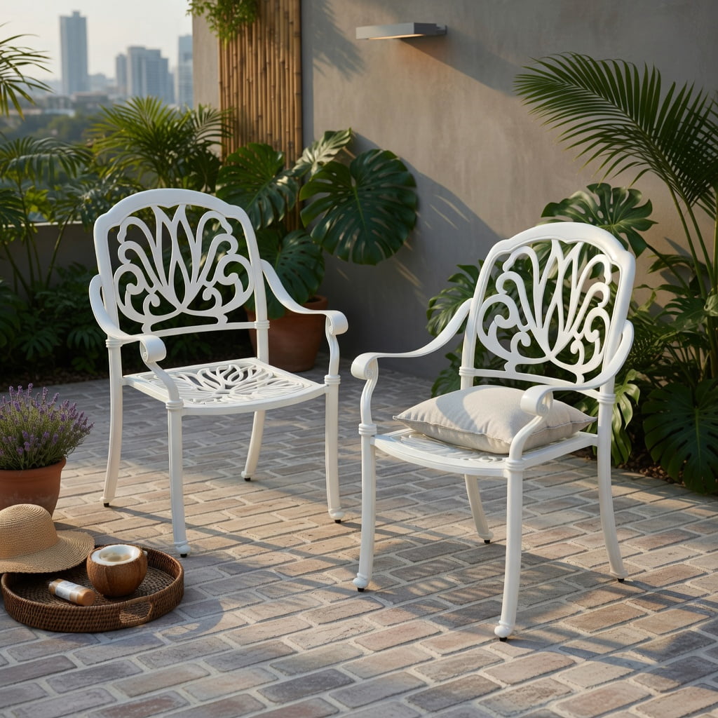 Hommoo 2-Pack Stackable Cast Aluminum Outdoor Dining Chairs with Armrests, All-Weather Patio Seating for Backyard, Garden & Porch, White