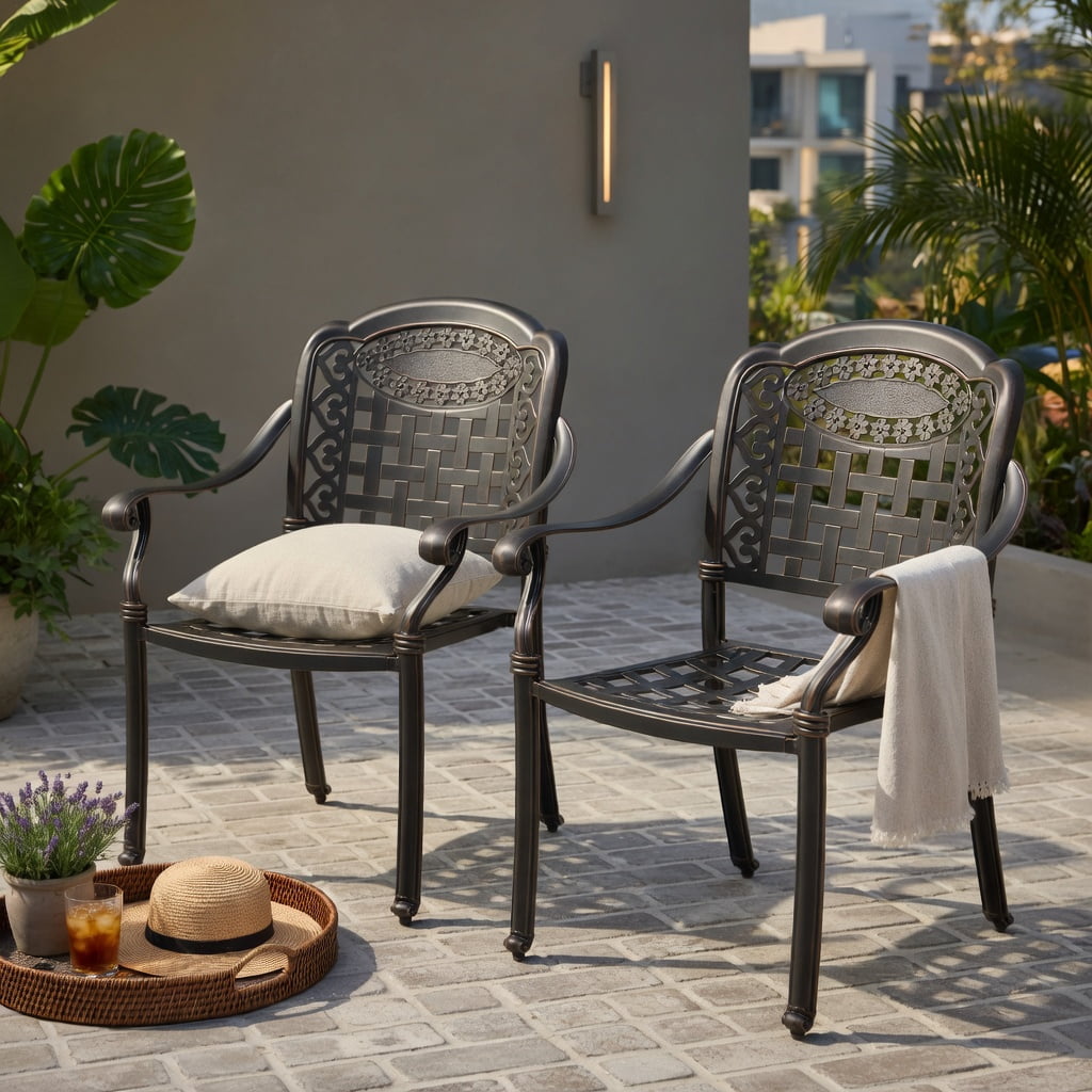 Hommoo 2-Pack Stackable Cast Aluminum Outdoor Patio Dining Chairs with Armrests, All-Weather, Indoor/Outdoor Use, Bronze