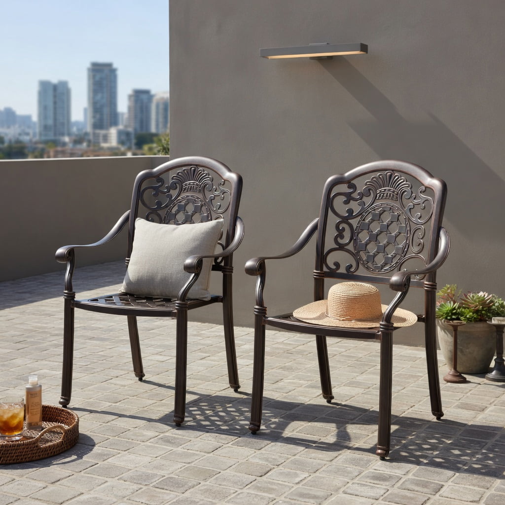 Hommoo 2-Pack Stackable Cast Aluminum Patio Dining Chairs in Red Copper, Rustproof, Weather-Resistant Outdoor Armchairs with Ergonomic Design & Adjustable Feet, Brown+Black