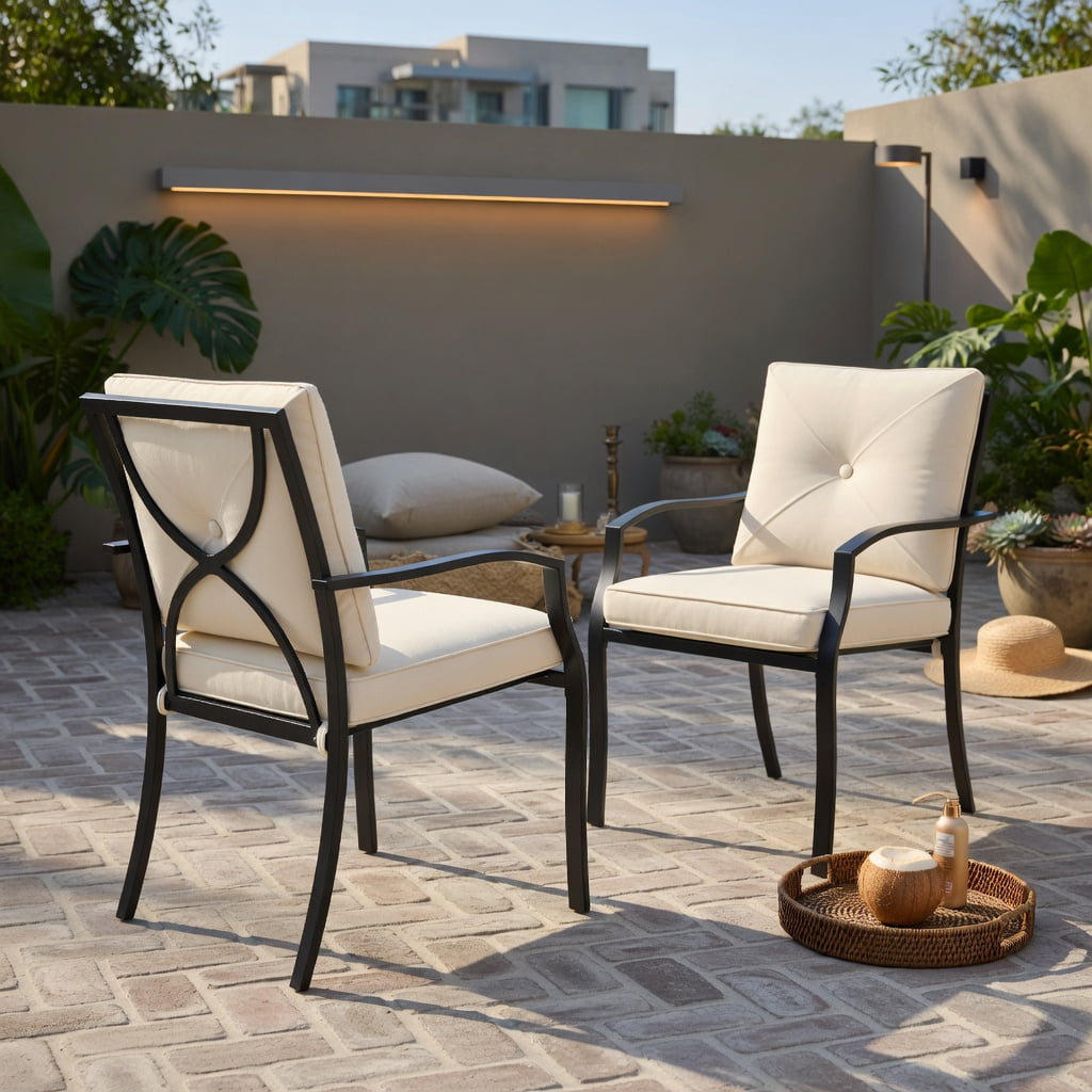Hommoo 2-Pack Stackable Metal Outdoor Dining Chairs with Armrests, Olefin Cushions, Ergonomic Patio Seating for Backyard BBQs and Alfresco Dining, Beige & Black