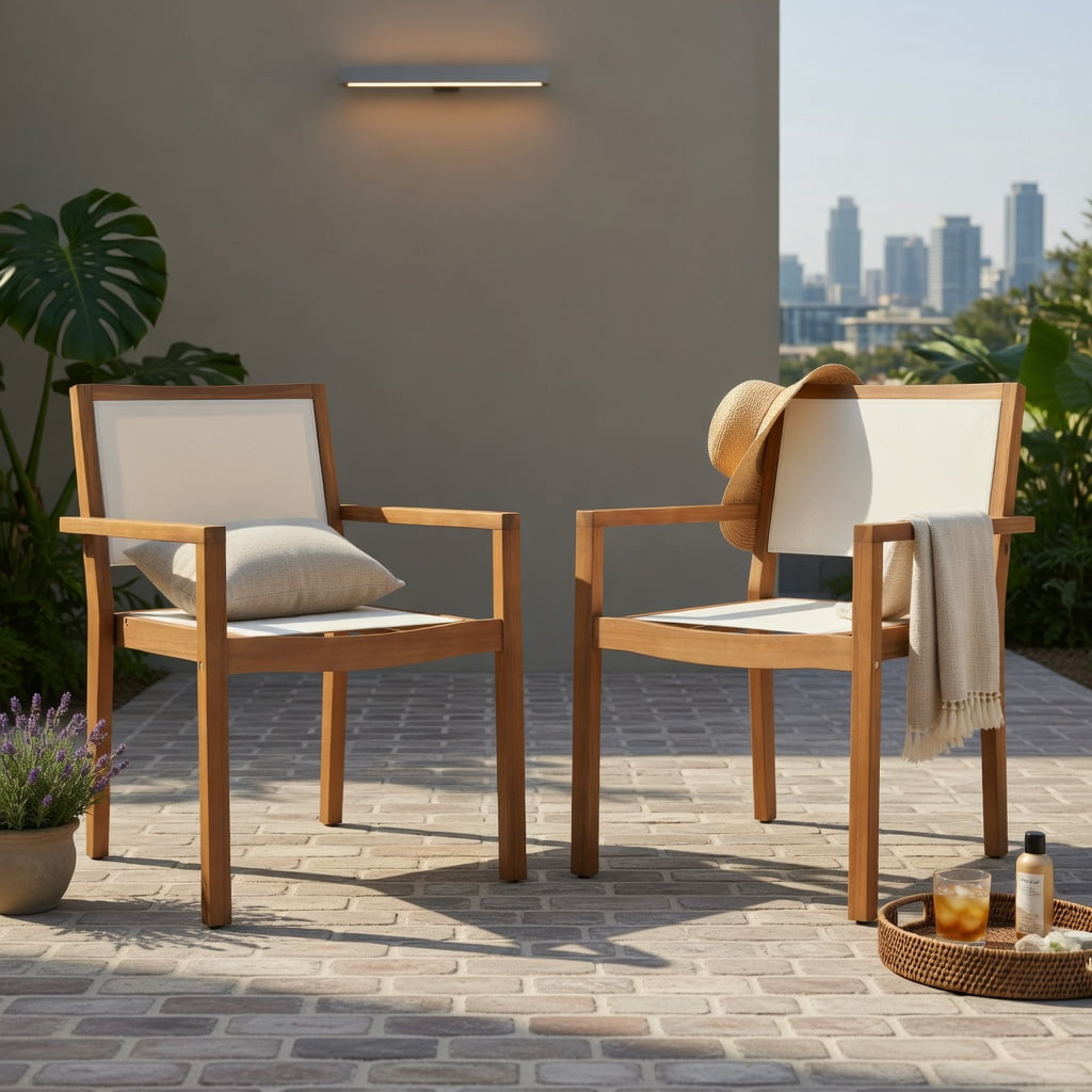 Hommoo 2-Pack Stackable Outdoor Dining Chairs with Acacia Wood Frame & Weather-Resistant Fabric, Ergonomic Design for Patio, Deck, Balcony, White+Natural