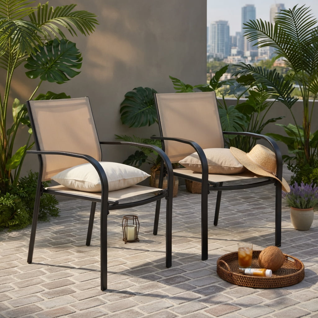 Hommoo 2-Pack Stackable Outdoor Dining Chairs with Armrests, Rust-Resistant Steel Frame, Breathable Fabric Seat, Patio Chairs for Deck, Garden, Poolside, Brown