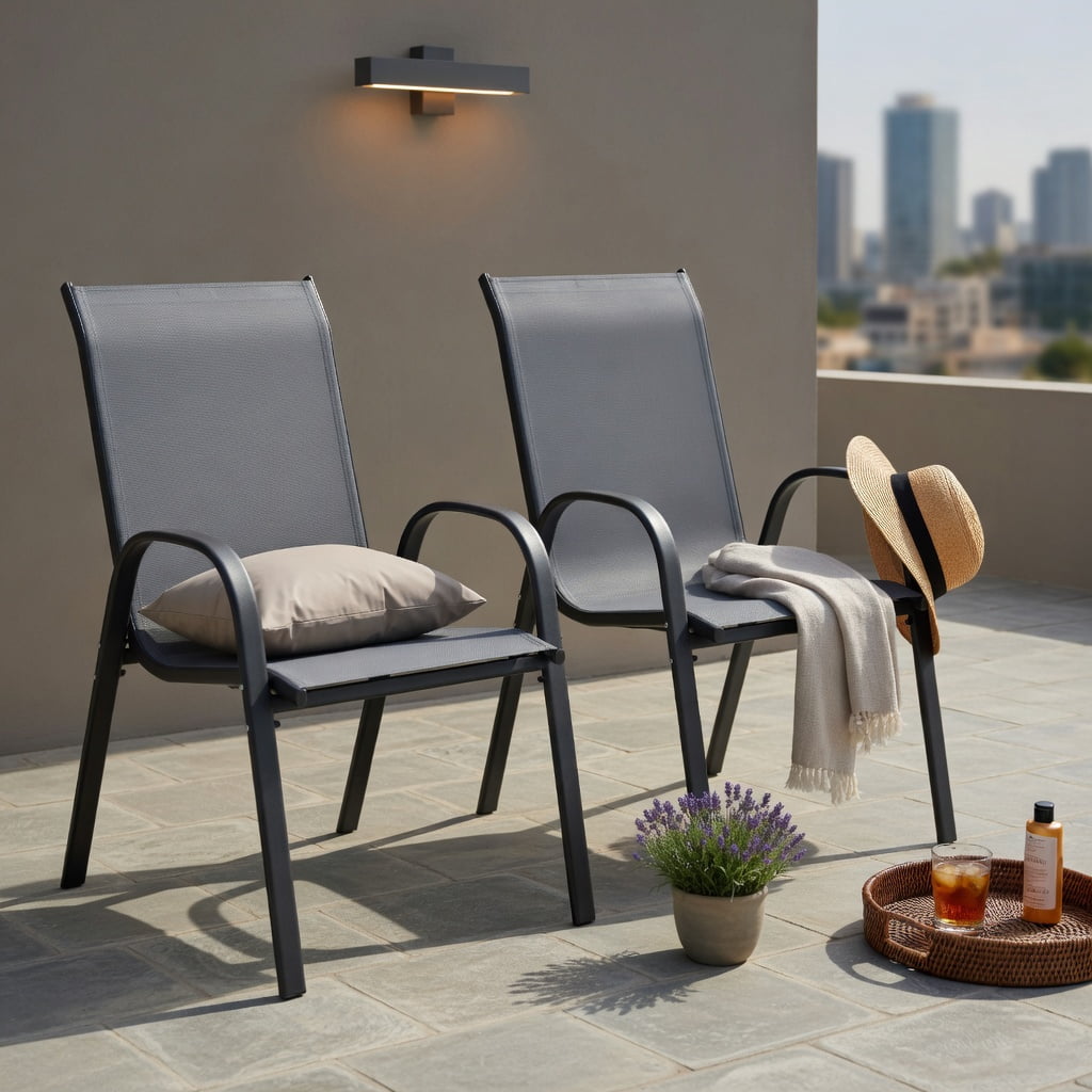 Hommoo 2-Pack Stackable Outdoor Dining Chairs with Armrests, Steel Frame, Breathable Fabric Seat, Easy Assembly Patio Chairs for Backyard or Deck, Grey