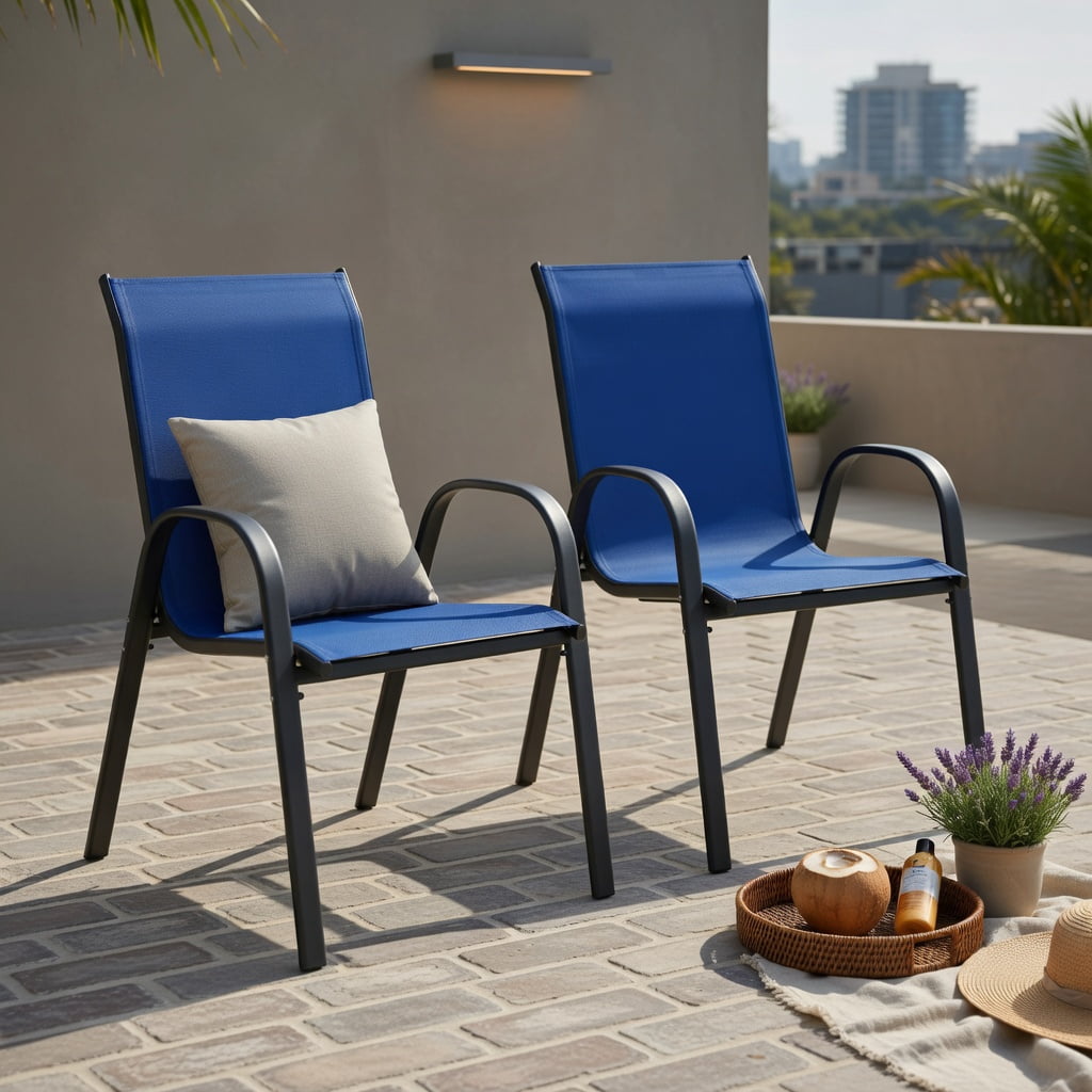 Hommoo 2-Pack Stackable Outdoor Dining Chairs with Armrests, Fabric, Grey Steel Frame, Ergonomic Patio Seating for Backyard, Deck & Balcony, Navy