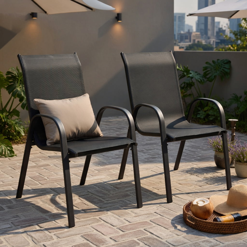 Hommoo 2-Pack Stackable Outdoor Dining Chairs with Armrests, Fabric, Steel Frame, Ergonomic Design for Patio, Deck or Balcony, Black
