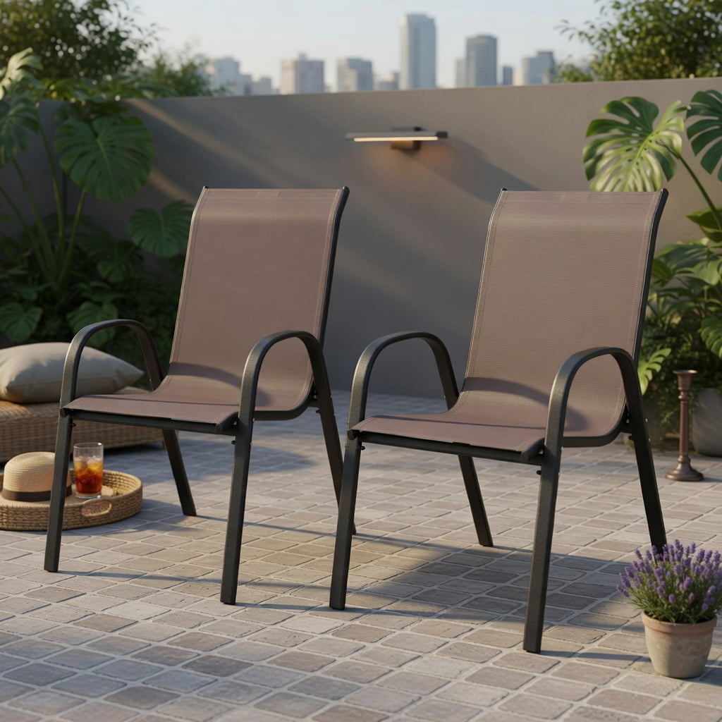 Hommoo 2-Pack Stackable Outdoor Dining Chairs with Ergonomic Armrests, Fabric & Grey Steel Frame,Space-Saving Patio Seating, Brown