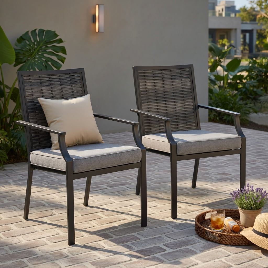 Hommoo 2-Pack Stackable Outdoor Wicker Armchairs with Removable Gray Cushions, PE Rattan Patio Chairs for Backyard, Balcony & Poolside, Gray