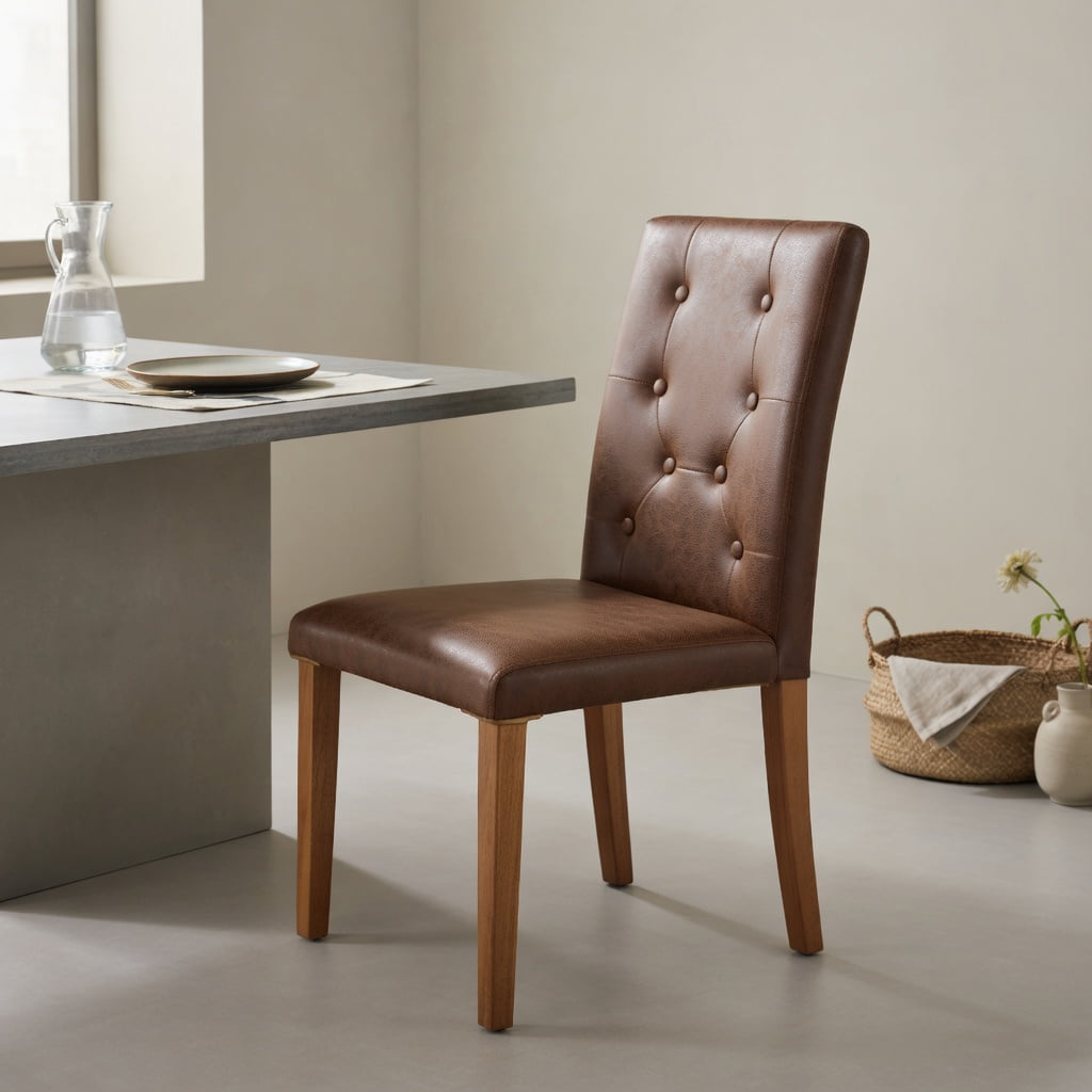 Hommoo 2-Pack Tech Fabric Dining Chairs with Ergonomic Buckle Backrest, Walnut Metal Legs, 35-inch Height, Modern Restaurant & Home Dining Seating, Brown
