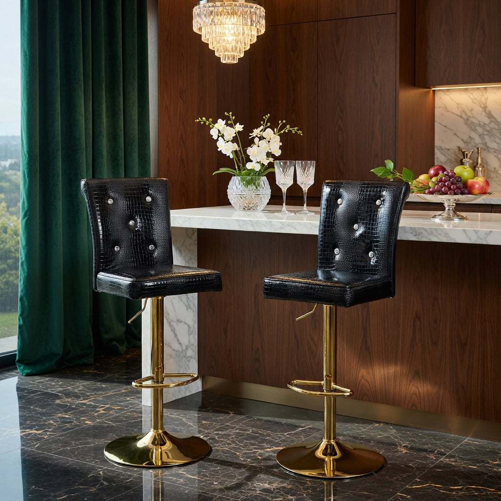 Hommoo 2-Pack Vintage Crocodile-Texture Lift Bar Chairs with Crystal Buckle Accents, Waterproof PVC Leather, Easy Assembly for Dining Room, Kitchen & Bar, Black