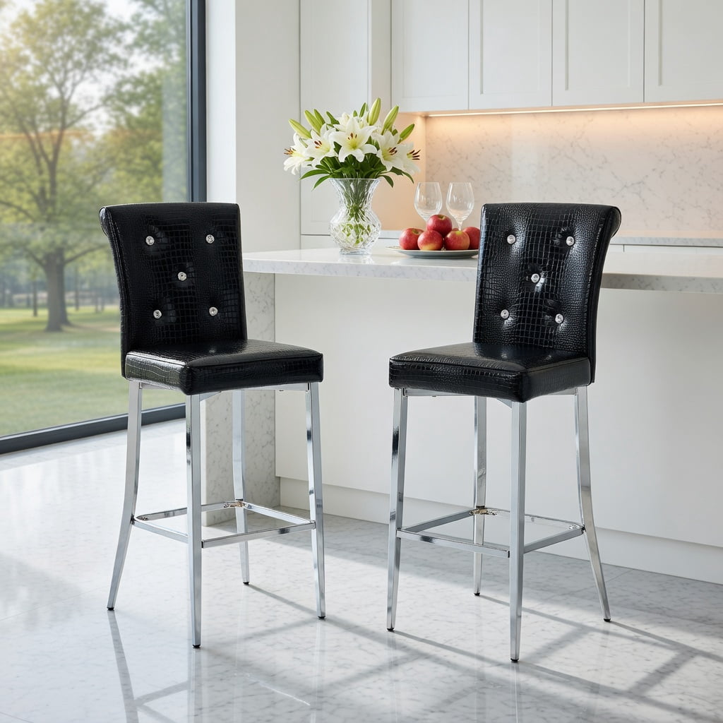 Hommoo 2-Pack Vintage Faux Crocodile Leather Bar Stools with Crystal Buckle Accents, Waterproof PVC Upholstery, Adjustable Feet for Kitchen, Dining Room & Bar, Black