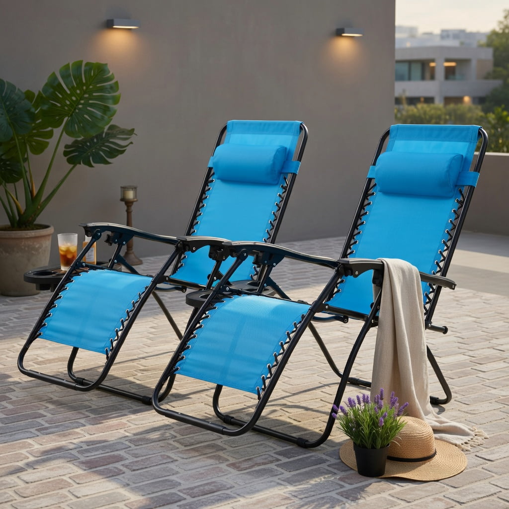 Hommoo 2-Pack Zero Gravity Folding Lounge Chairs with Adjustable Headrest & Removable Tray, Indoor/Outdoor Recliners for Back Support, Light Blue