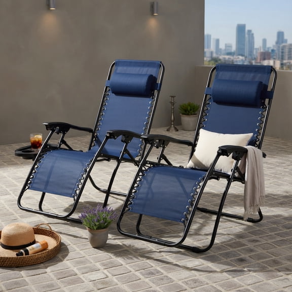 Hommoo 2-Pack Zero Gravity Folding Lounge Chairs with Adjustable Headrest & Removable Tray, Indoor/Outdoor Recliners for Back Support, Navy