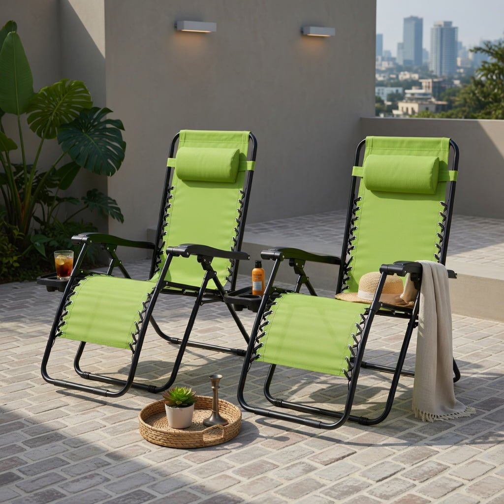 Hommoo 2-Pack Zero Gravity Folding Lounge Chairs with Adjustable Headrest & Removable Tray, Outdoor Indoor Recliners for Back Support, Green