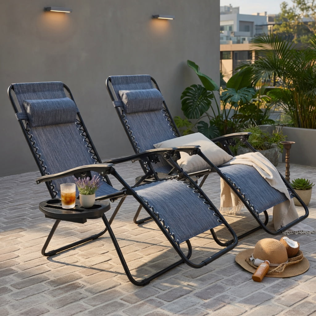 Hommoo 2-Pack Zero Gravity Folding Lounge Chairs with Adjustable Headrests, Breathable Waterproof Fabric, Heavy-Duty Steel Frame, Gray