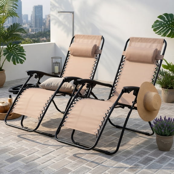 Hommoo 2-Pack Zero Gravity Folding Recliner Lounge Chairs with Adjustable Headrest & Removable Tray, Beige
