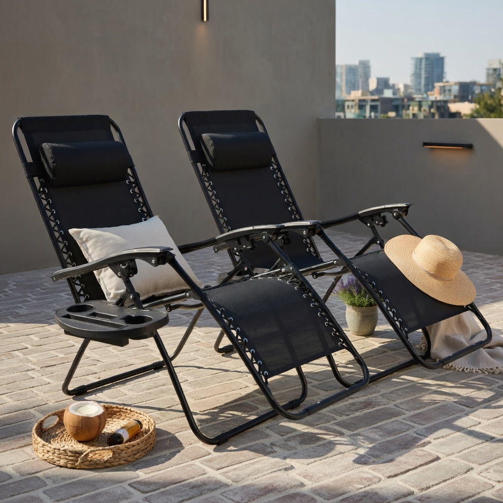 Hommoo 2-Pack Zero Gravity Folding Recliner Lounge Chairs with Adjustable Headrest, Removable Tray & Breathable Waterproof Fabric, Black