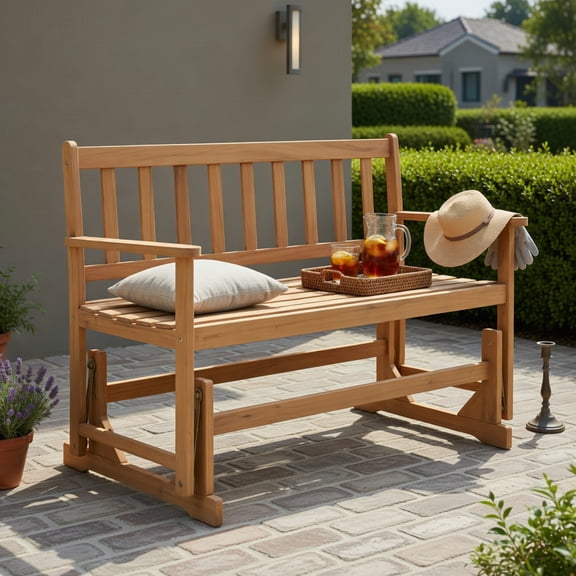 Hommoo 2-Person Acacia Wood Glider Bench Swing Loveseat, Outdoor Rocking Patio Bench with Smooth Glide, Ergonomic 105 Back Angle, Natural