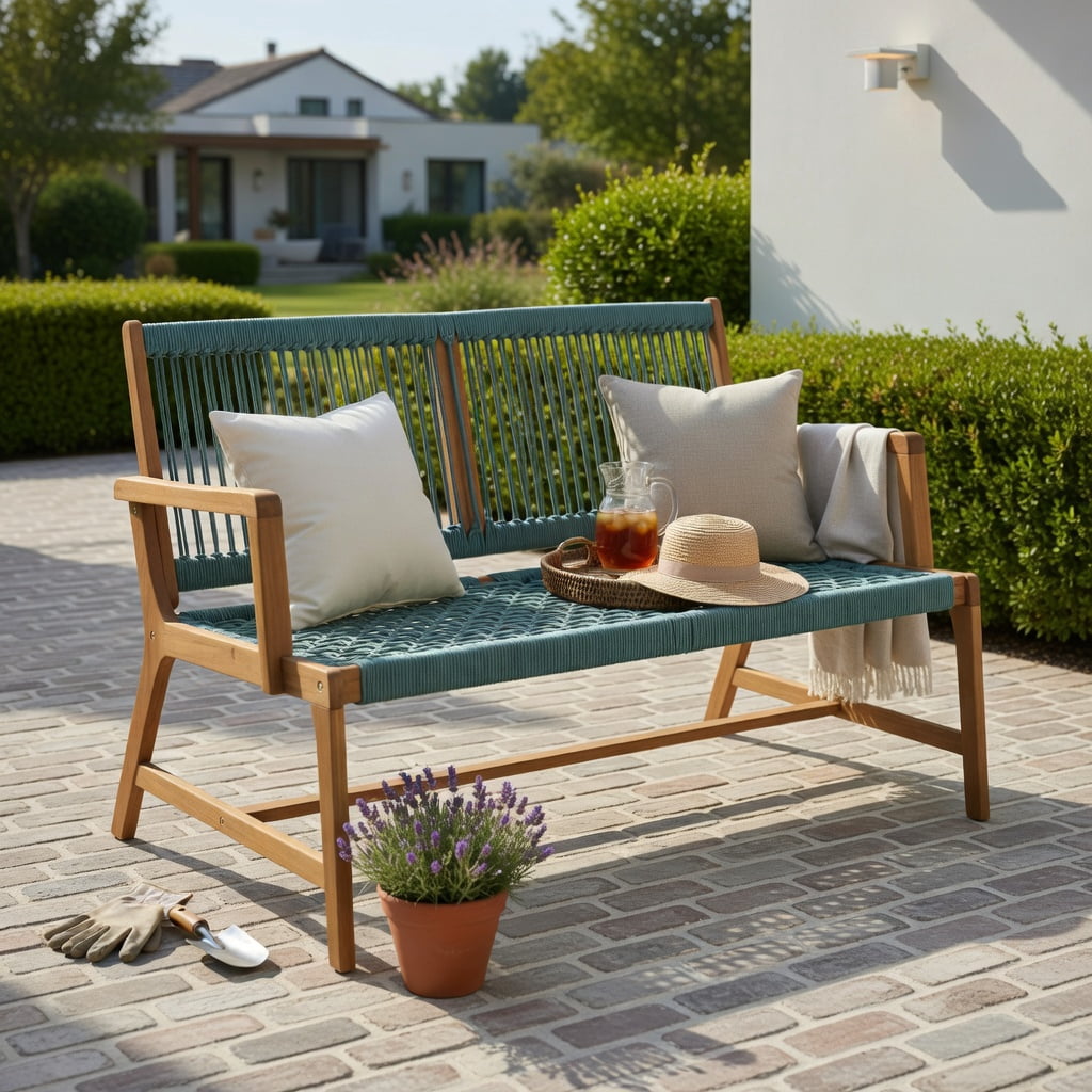 Hommoo 2-Person Acacia Wood Outdoor Bench with Rope Weave Seat, Patio Bench for Backyard, Balcony & Poolside, Turquoise