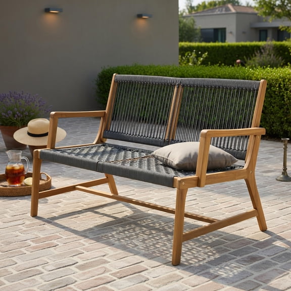 Hommoo 2-Person Acacia Wood Outdoor Bench with Rope Weave Seat, for Patio, Balcony & Backyard Bench, Gray