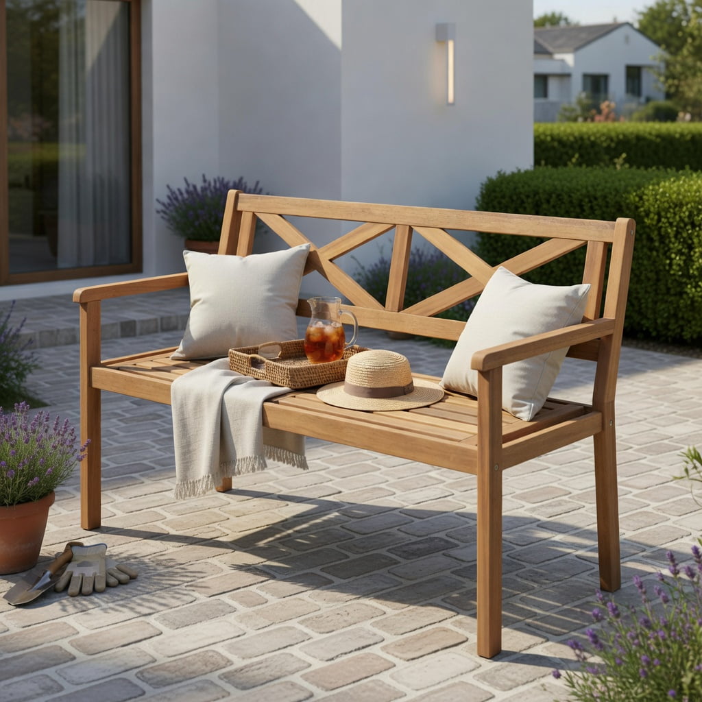 Hommoo 2-Person Acacia Wood Patio Bench with Armrests & Ergonomic Backrest, Teak Outdoor Garden Chair for Deck, Porch, Poolside, Natural