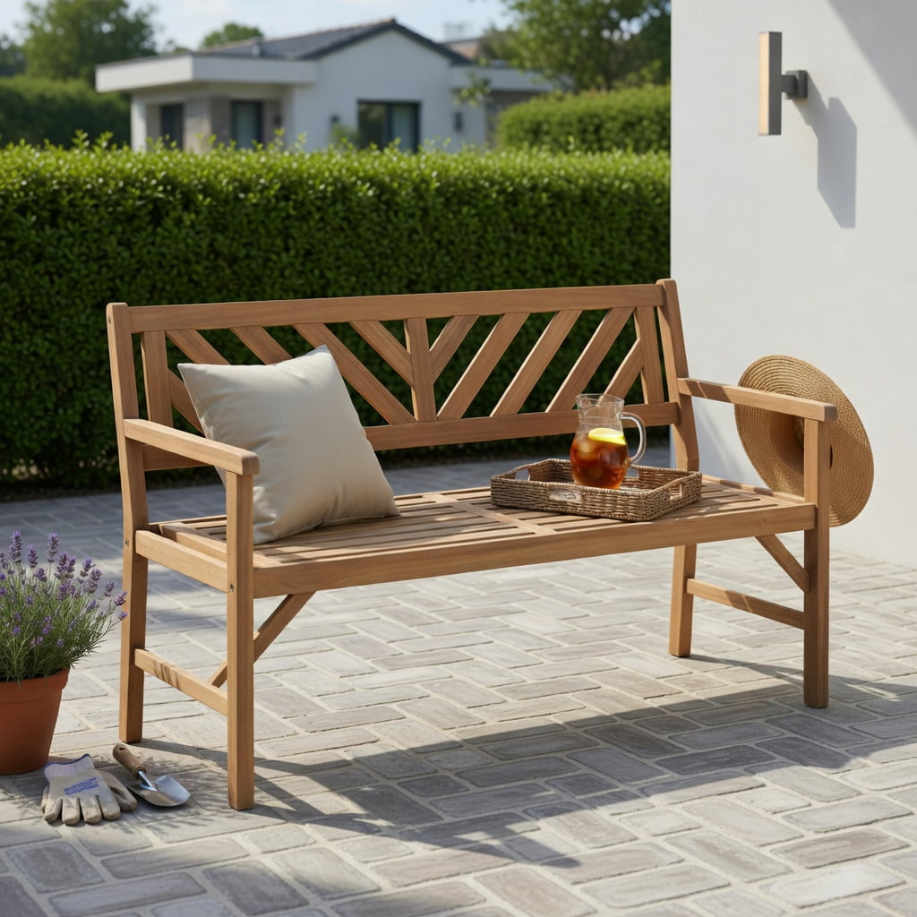 Hommoo 2-Person Acacia Wood Patio Bench with Armrests & Ergonomic Backrest – Teak Outdoor Garden Chair for Porch, Deck, or Poolside