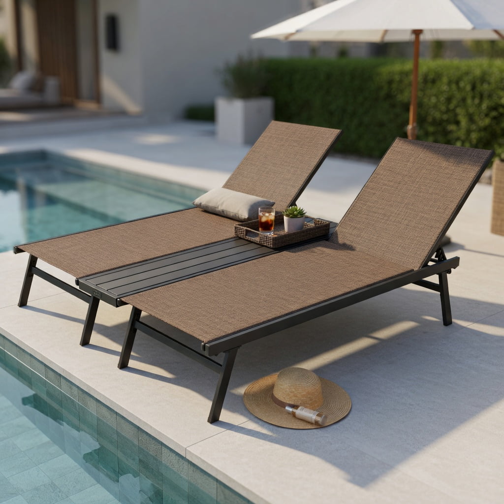 Hommoo 2-Person Adjustable Outdoor Chaise Lounge Chair with Weatherproof Center Tray, Steel Patio Recliner for Backyard, Poolside, or Deck, Brown