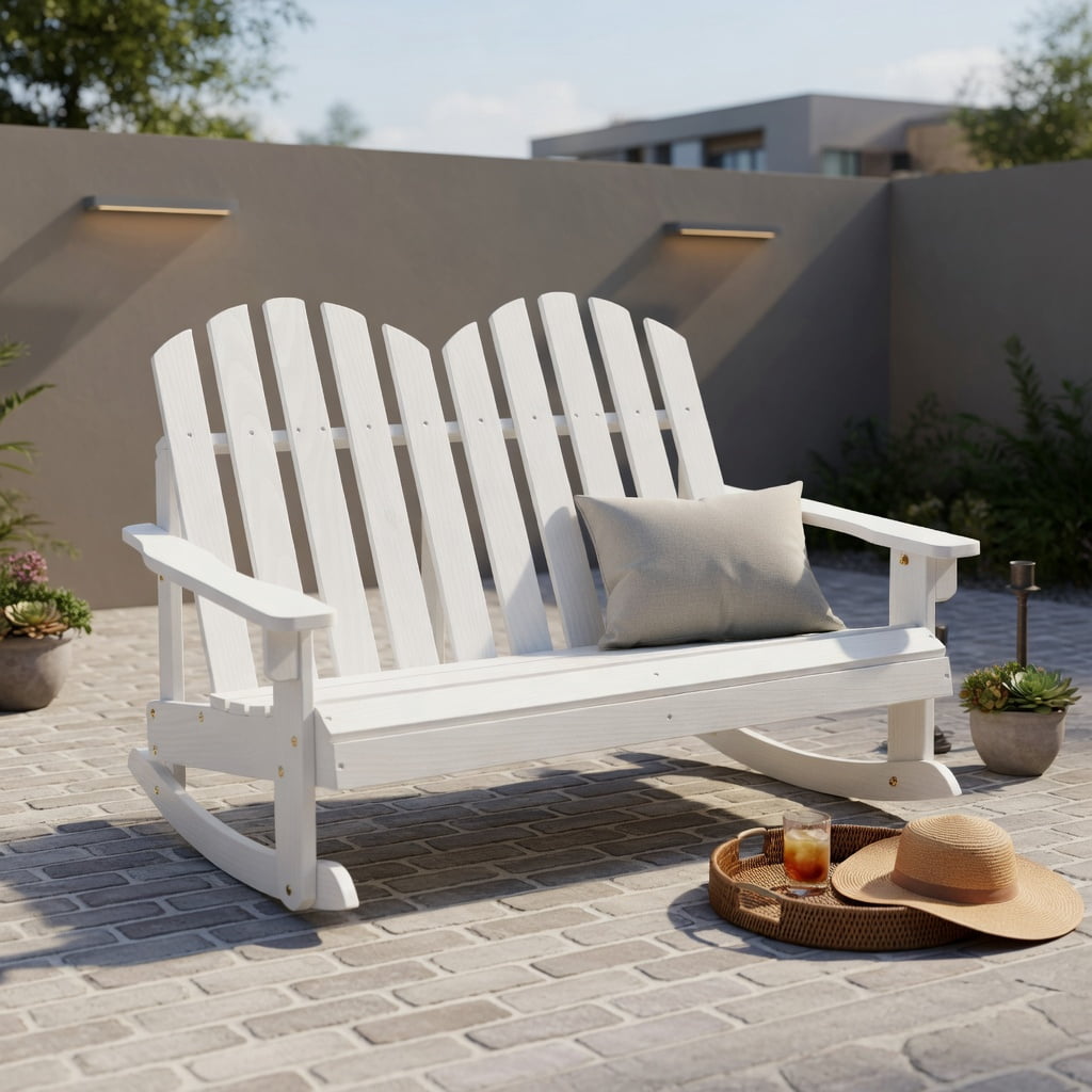 Hommoo 2-Person Fir Wood Adirondack Rocking Chair for Outdoor Backyard, Poolside & Patio, Weather-Resistant, Slatted Breathable Seat, White
