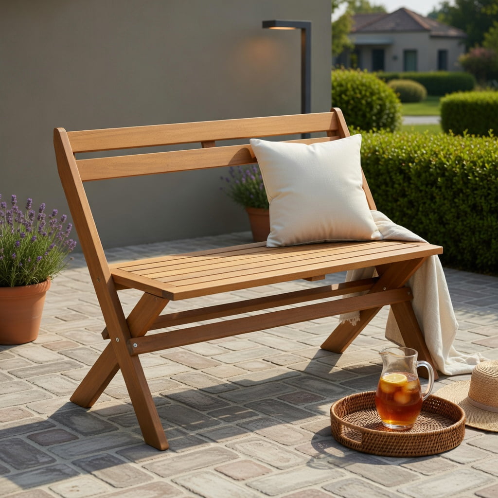 Hommoo 2-Person Folding Acacia Wood Patio Bench, Ergonomic 105° Backrest, Compact Foldable Design for Garden, Porch & Balcony, Natural