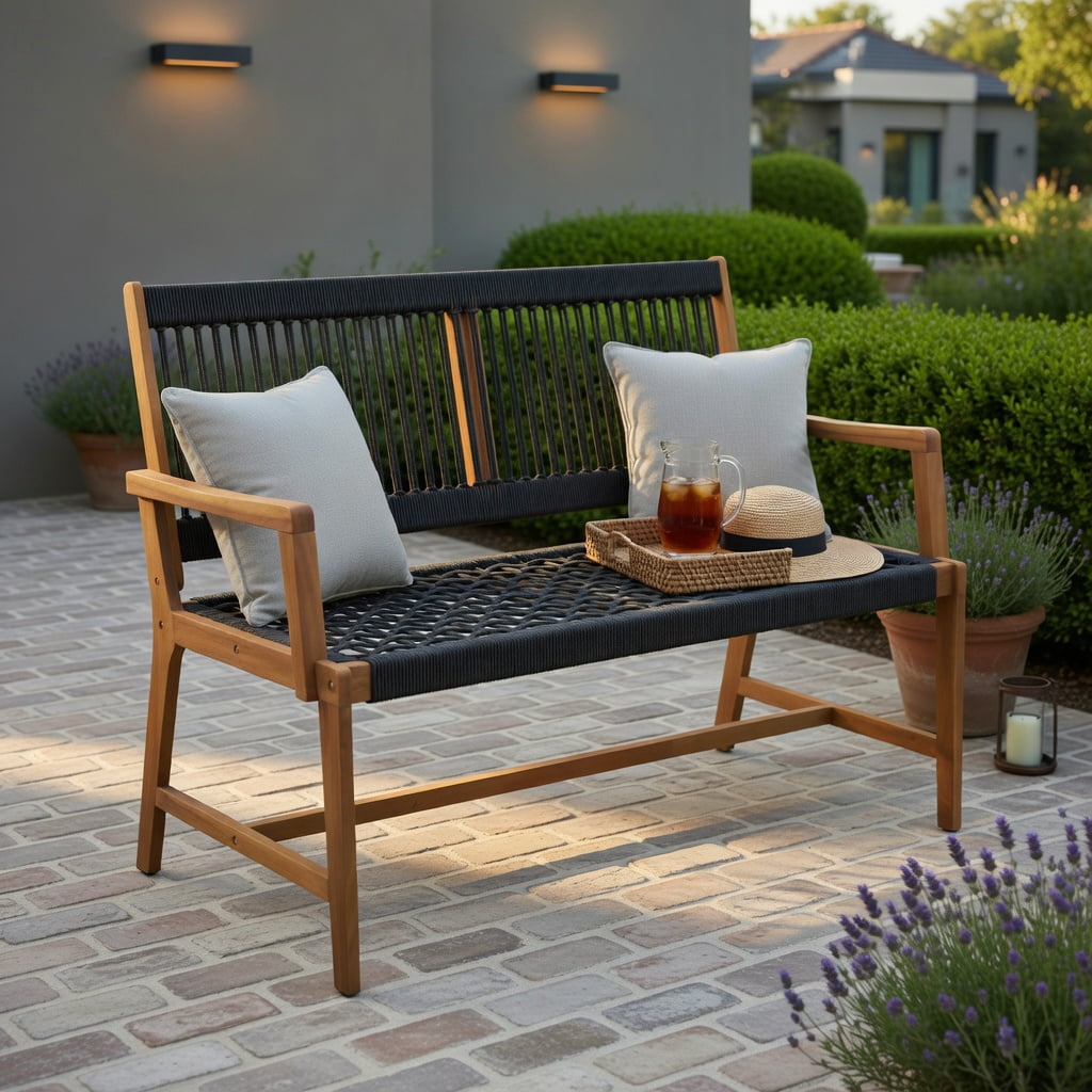 Hommoo 2-Person Outdoor Acacia Wood Bench with Breathable Rope Backrest & Armrests, Garden Seating for Patio, Porch, Backyard, Black