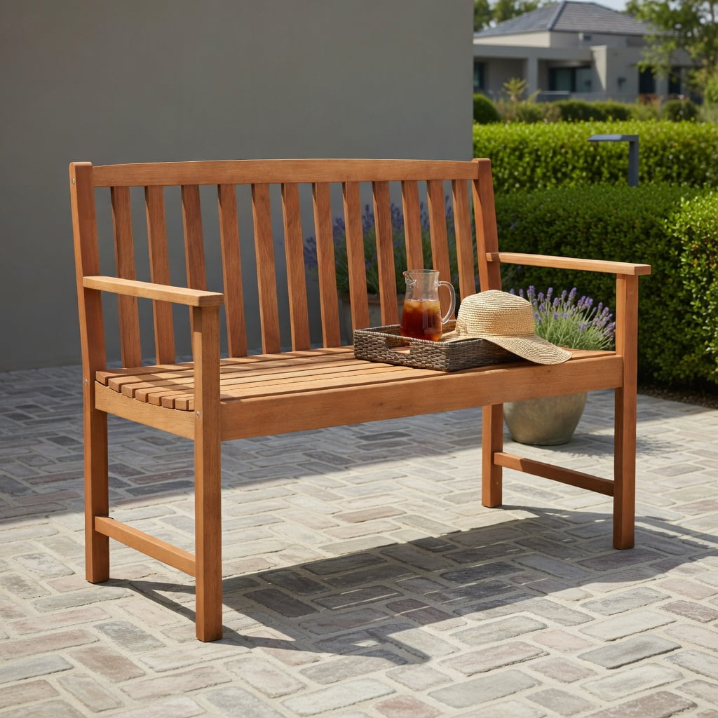 Hommoo 2-Person Outdoor Eucalyptus Wood Patio Bench with Ergonomic Backrest & Armrests, for Garden, Backyard, Poolside Seating, Natural