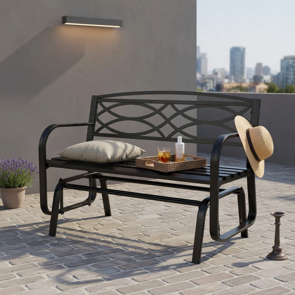 Hommoo 2-Person Outdoor Glider Bench, Heavy-Duty Metal Patio Swing Bench with Quiet Glide Mechanism, Ergonomic Backrest & Slatted Seat, Black