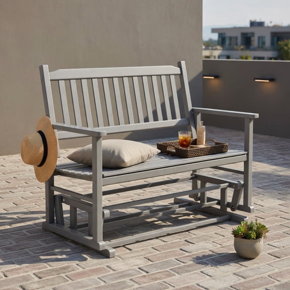 Hommoo 2-Person Outdoor Glider Bench, Poplar Wood Rocking Patio Bench with Ergonomic Slatted Seat & Armrests, Gray