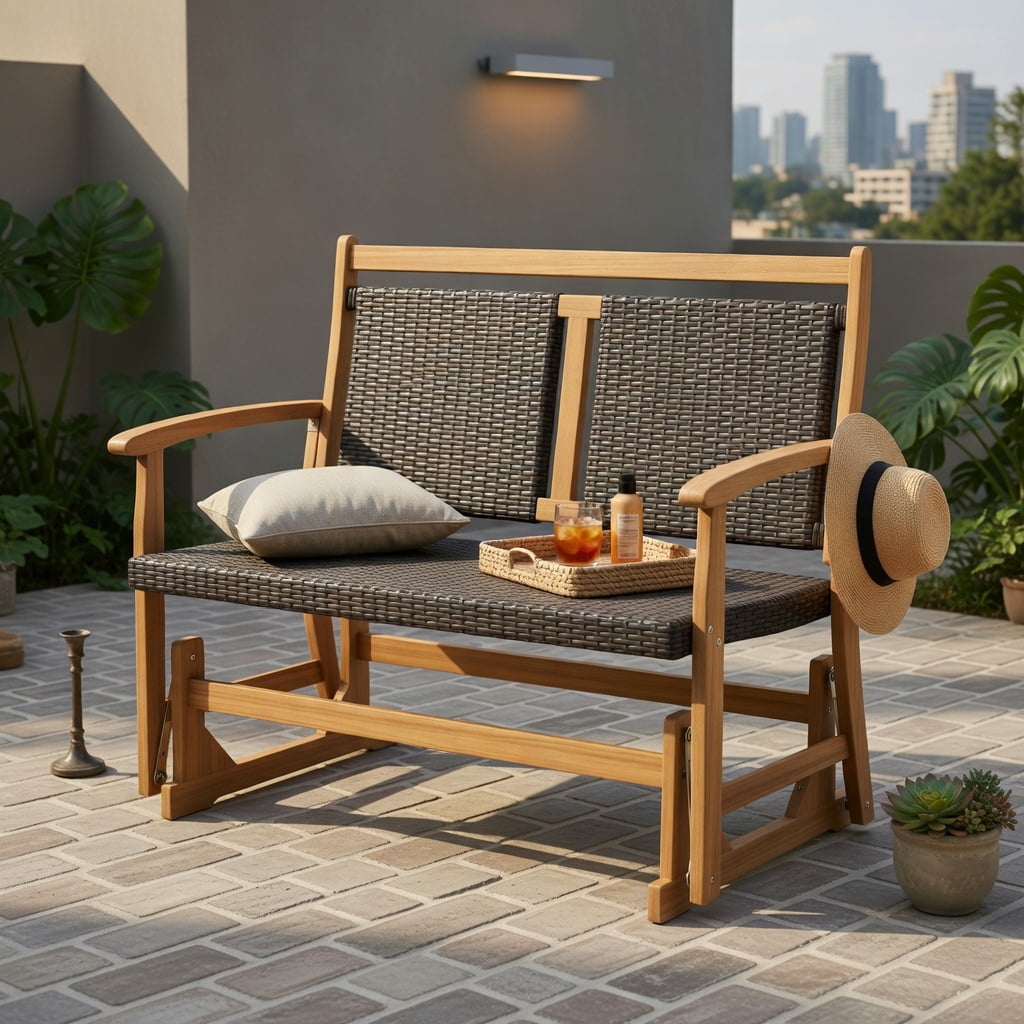 Hommoo 2-Person Outdoor Glider Bench with PE Rattan Seat & Back, Acacia Wood Frame, Sturdy Metal Base, for Patio, Backyard, Balcony Seating, Brown