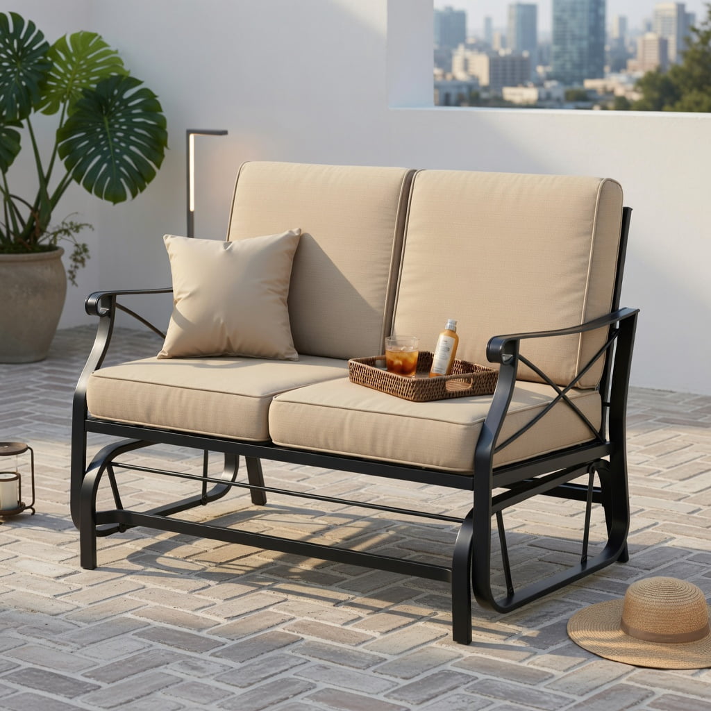 Hommoo 2-Person Outdoor Glider Rocking Loveseat with Thick 5.5" Cushions, Heavy-Duty Black Metal Frame, for Patio, Porch & Deck Seating, Gray