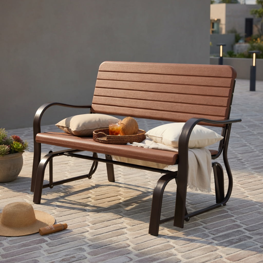 Hommoo 2-Person Outdoor Porch Glider Chair, Heavy-Duty Steel Frame with Weather-Resistant HDPE Seat & Back, Brown