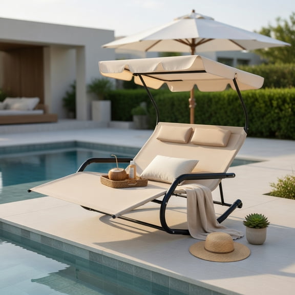 Hommoo 2-Person Outdoor Rocking Chaise Lounge with Adjustable Canopy & Mobility Wheels, Metal Frame Patio Lounger for Backyard, Poolside, Deck, Beige