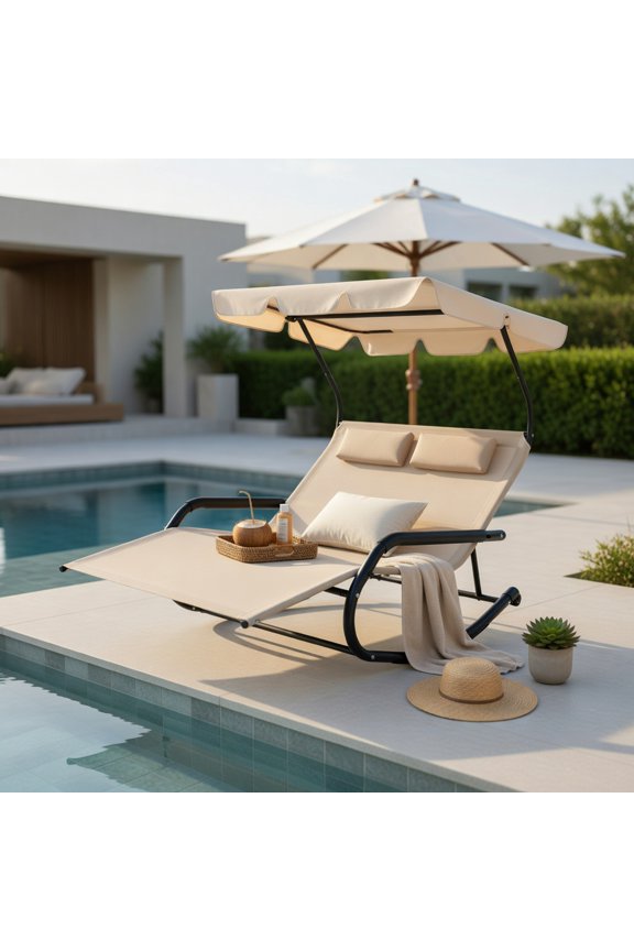 2-Person Outdoor Rocking Chaise Lounge with Adjustable Canopy & Mobility Wheels, Metal Frame Patio Lounger for Backyard, Poolside, Deck, Beige
