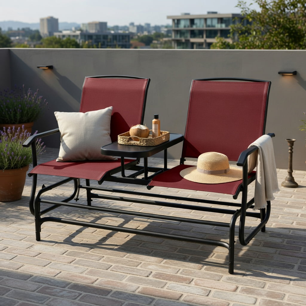 Hommoo 2-Person Outdoor Rocking Loveseat with Tempered Glass Center Table, Mesh Fabric Seating, Red