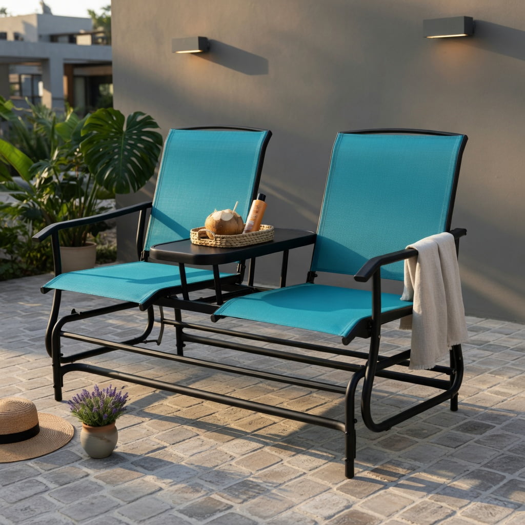 Hommoo 2-Person Outdoor Rocking Loveseat with Tempered Glass Center Table, Mesh Fabric, Steel Frame, Turquoise
