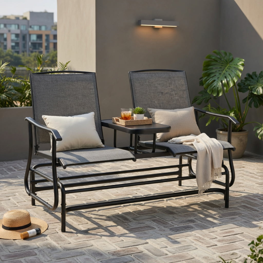 Hommoo 2-Person Outdoor Rocking Loveseat with Tempered Glass Center Table, Steel Frame & Breathable Mesh Fabric, Gray